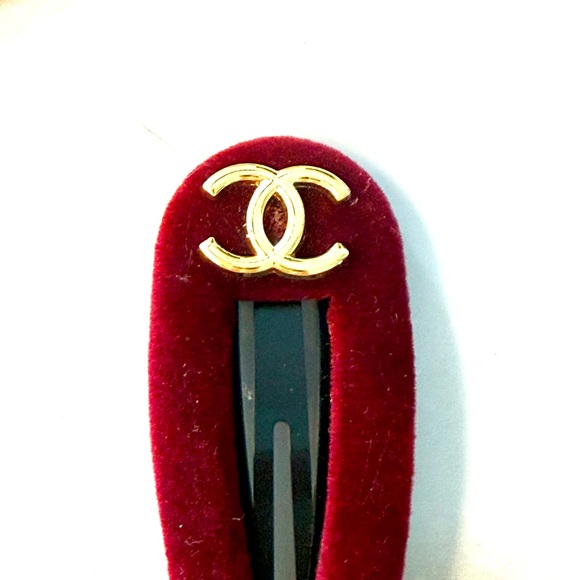 Burgundy Velvet Hair Clip with Gold Logo - Picture 2 of 3